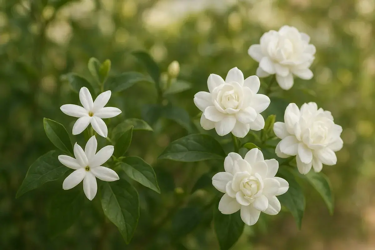 Fleurs blanches de jasmin épanouies sur une plantation luxuriante. Le parfum doux embaume l'air.