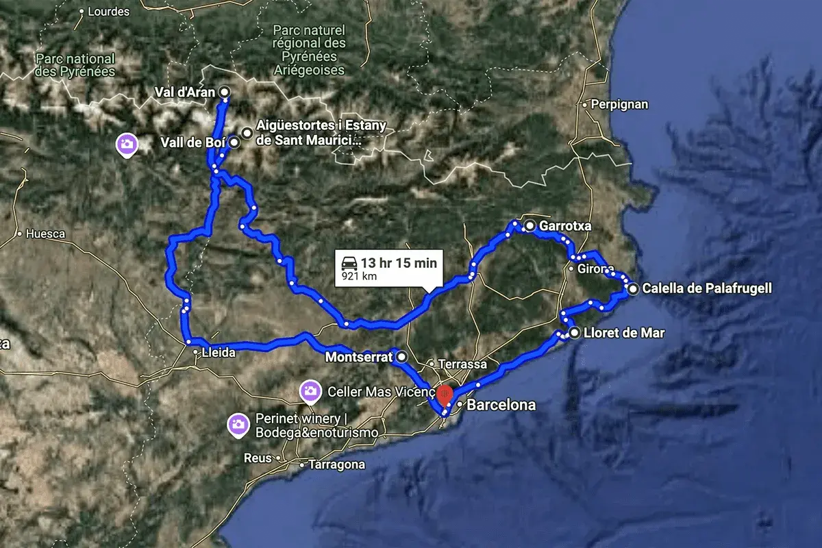 Route für **Barcelona 3 Tage**: Von den Pyrenäen über Montserrat und die Küste bis nach Girona. 921 km, 13h 15min Fahrzeit.