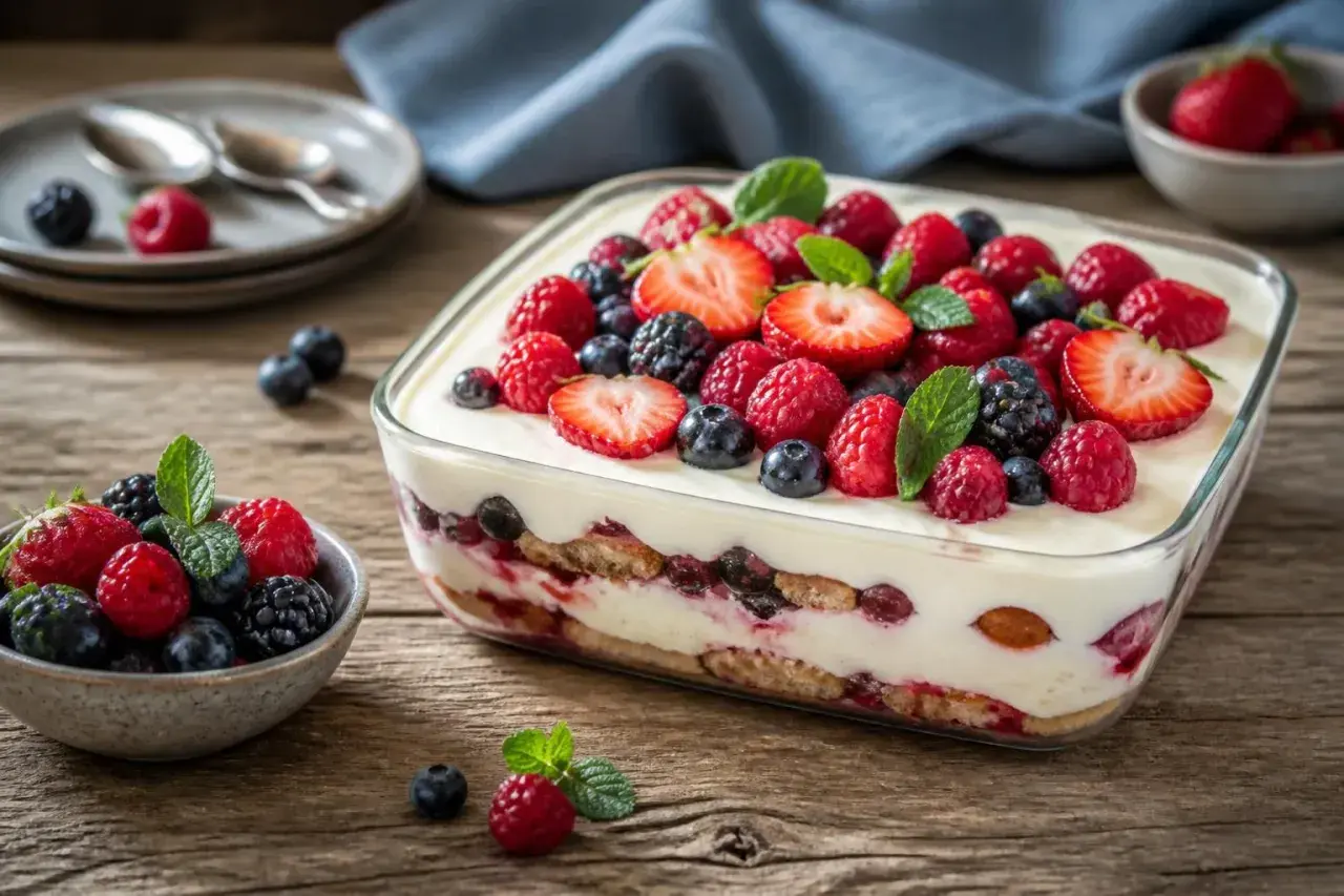 Ein köstliches Tiramisu ohne Ei, geschichtet mit Beeren und Sahne, garniert mit frischen Früchten und Minze.