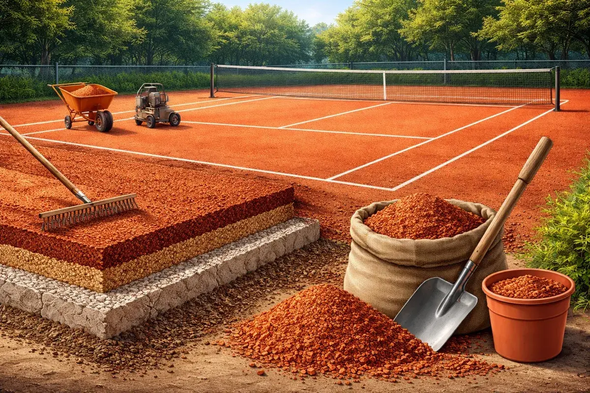 Budowa kortu ziemnego: warstwy podbudowy, łopata, grabie i wózek z materiałem.