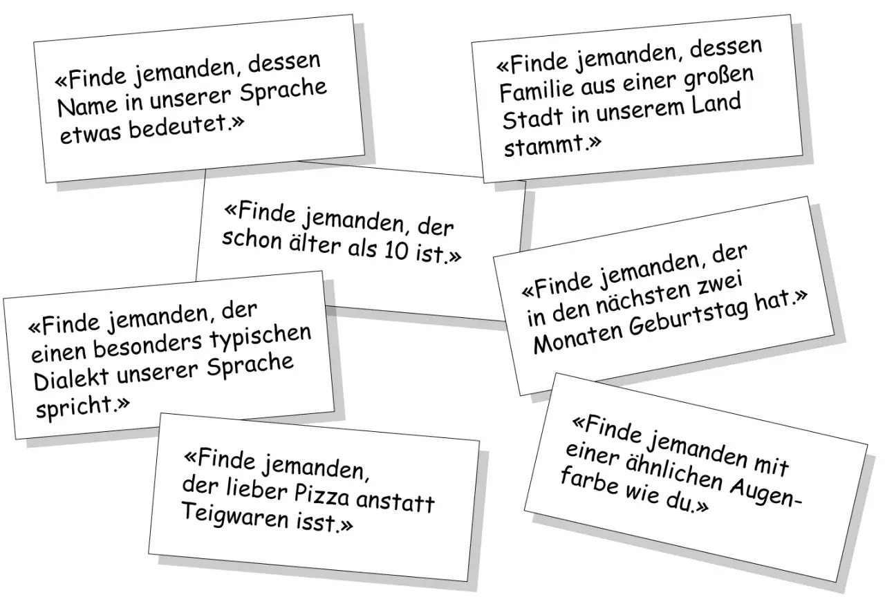 «Finde jemanden, der lieber Pizza isst, dessen Name etwas bedeutet, oder der einen ähnlichen Dialekt spricht. Ein Spiel, um Leute kennenzulernen!»