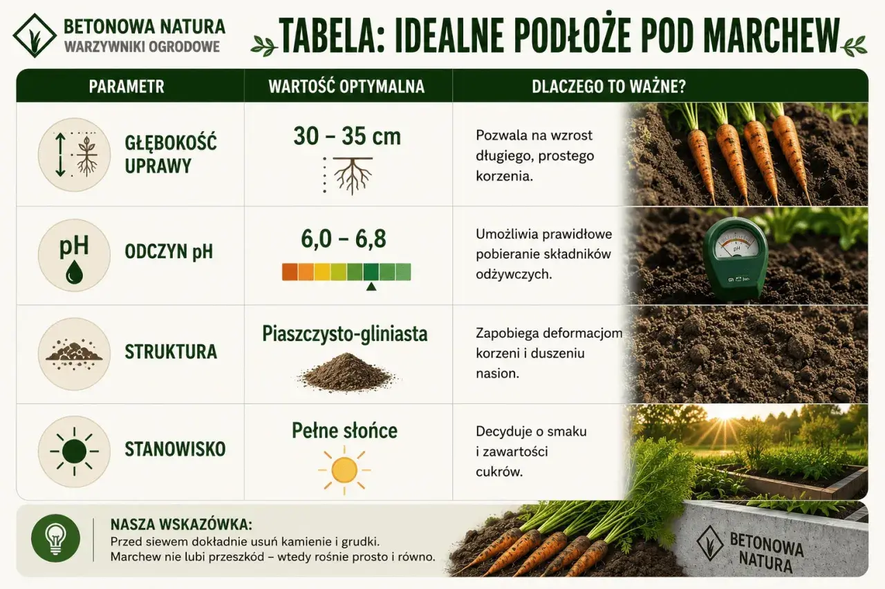 Tabela podpowiada, kiedy siać marchew: głębokość 30-35 cm, pH 6,0-6,8, gleba piaszczysto-gliniasta i pełne słońce.