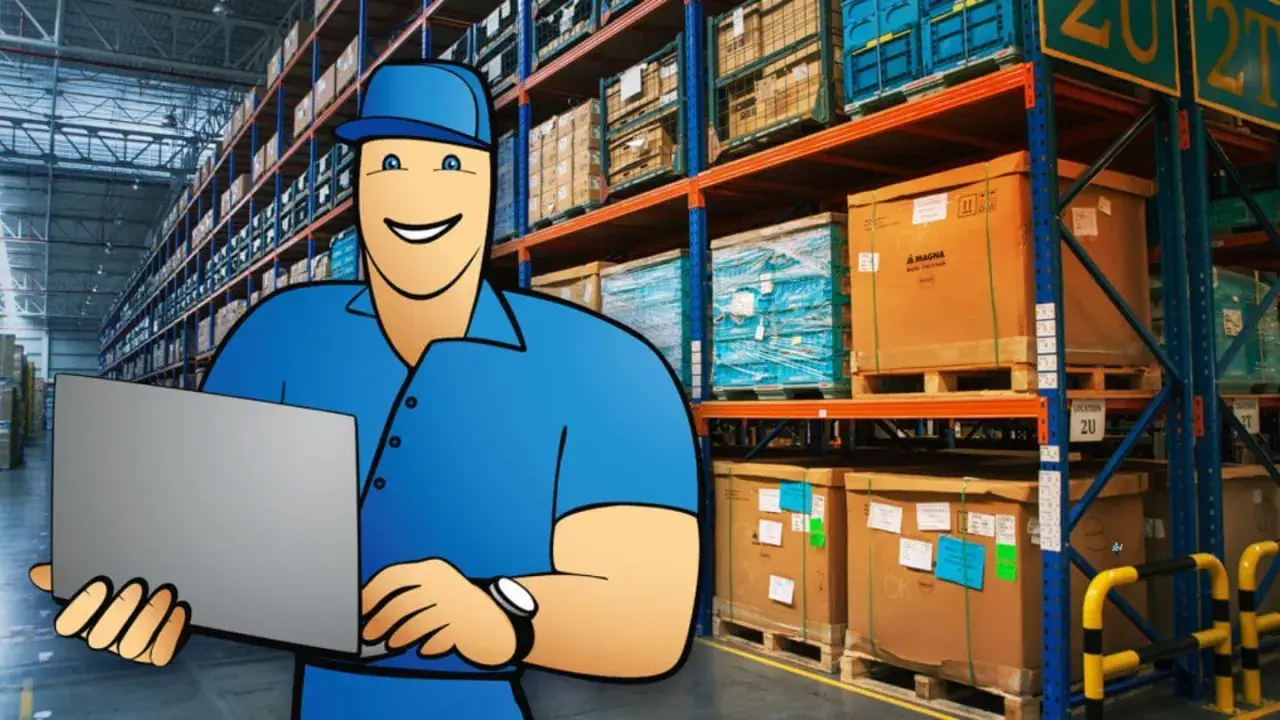 Ein freundlicher Mitarbeiter mit Laptop im Lager, der die **Logistik Kommissionierung** optimiert.