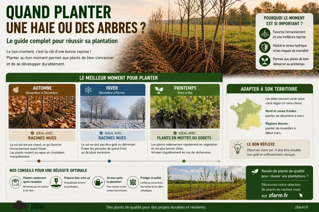 Le calendrier plantation arbre idéal : automne pour racines nues, hiver pour racines nues, printemps pour mottes. Adaptez selon votre région.