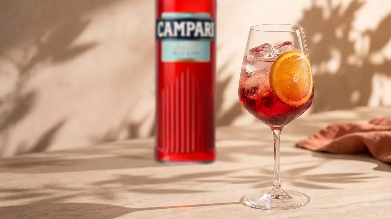 Orzeźwiający Campari Spritz z plasterkiem pomarańczy i kostkami lodu, obok butelki Campari. Idealny na letnie popołudnie.