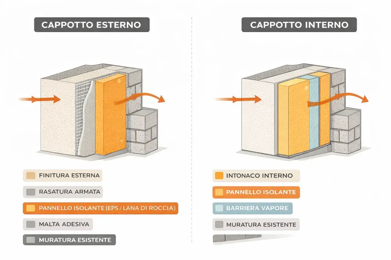 Confronto cappotto esterno e interno: schemi illustrativi per la certificazione cappotto termico, mostrando strati isolanti e muratura.