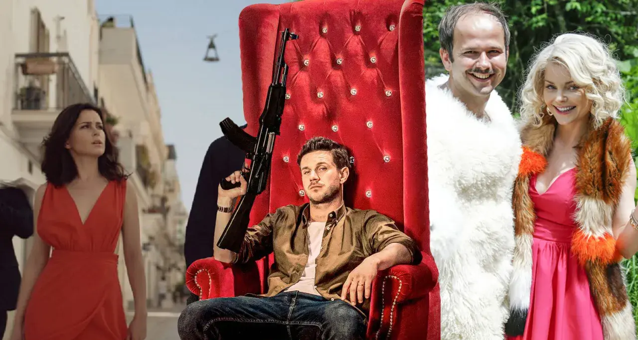 Kobieta w czerwonej sukience, mężczyzna z karabinem na tronie i para w futrach – kolaż scen ze słynnych polskich filmów.