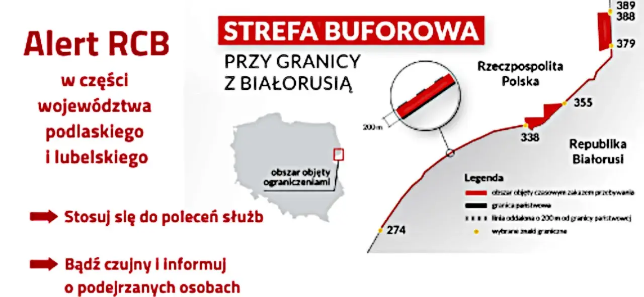 Alert RCB dotyczy strefy buforowej przy granicy z Białorusią, obejmującej część województw podlaskiego i lubelskiego.