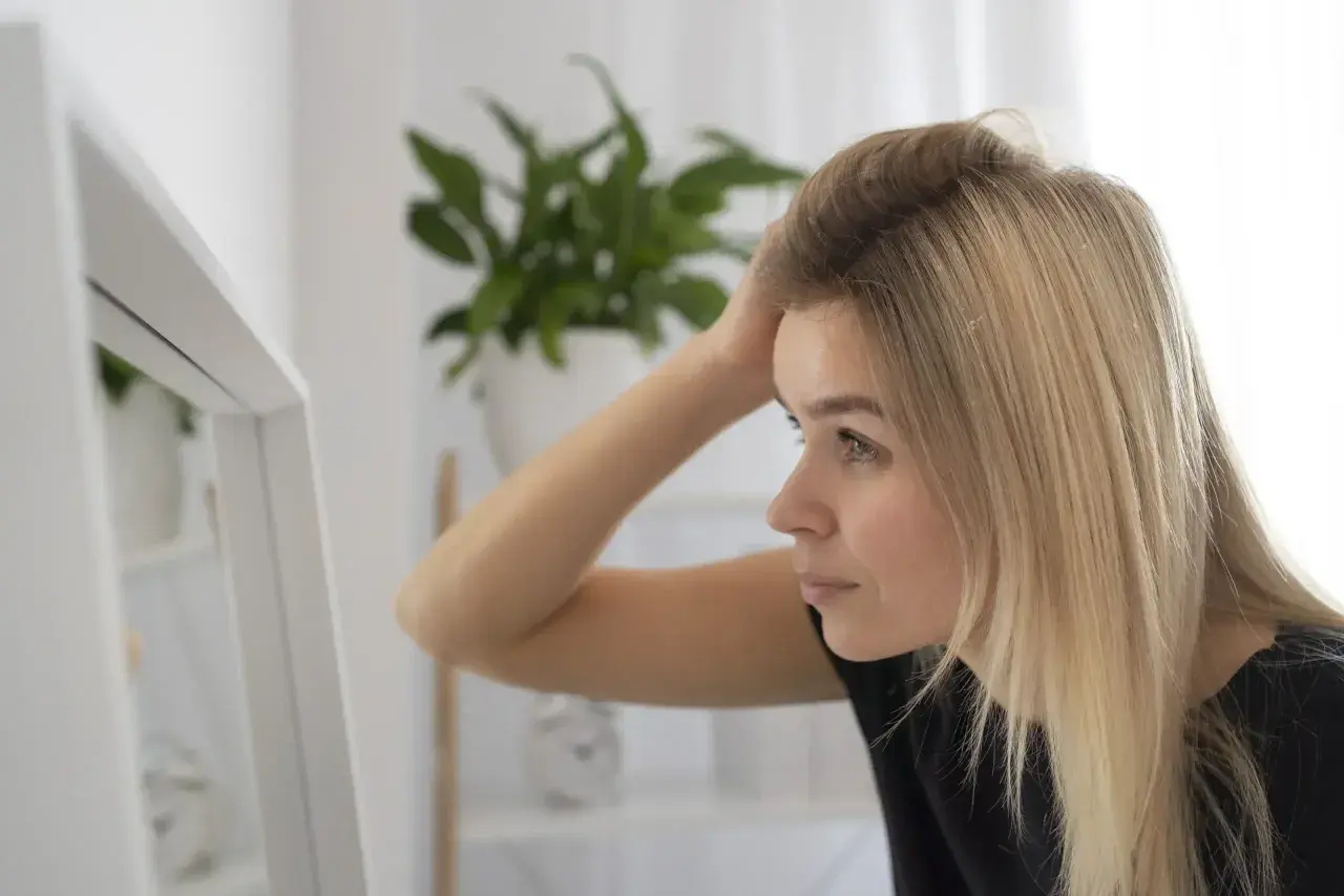 Kobieta z blond włosami sprawdza w lustrze, czy jej skóra głowy nie jest podrażniona po użyciu szamponu z **sodium lauryl sulfate**.