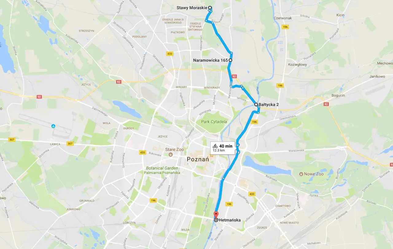Trasa rowerowa przez Poznań, od Stawów Moraskich do Hetmańskiej, z zaznaczoną wartostradą.