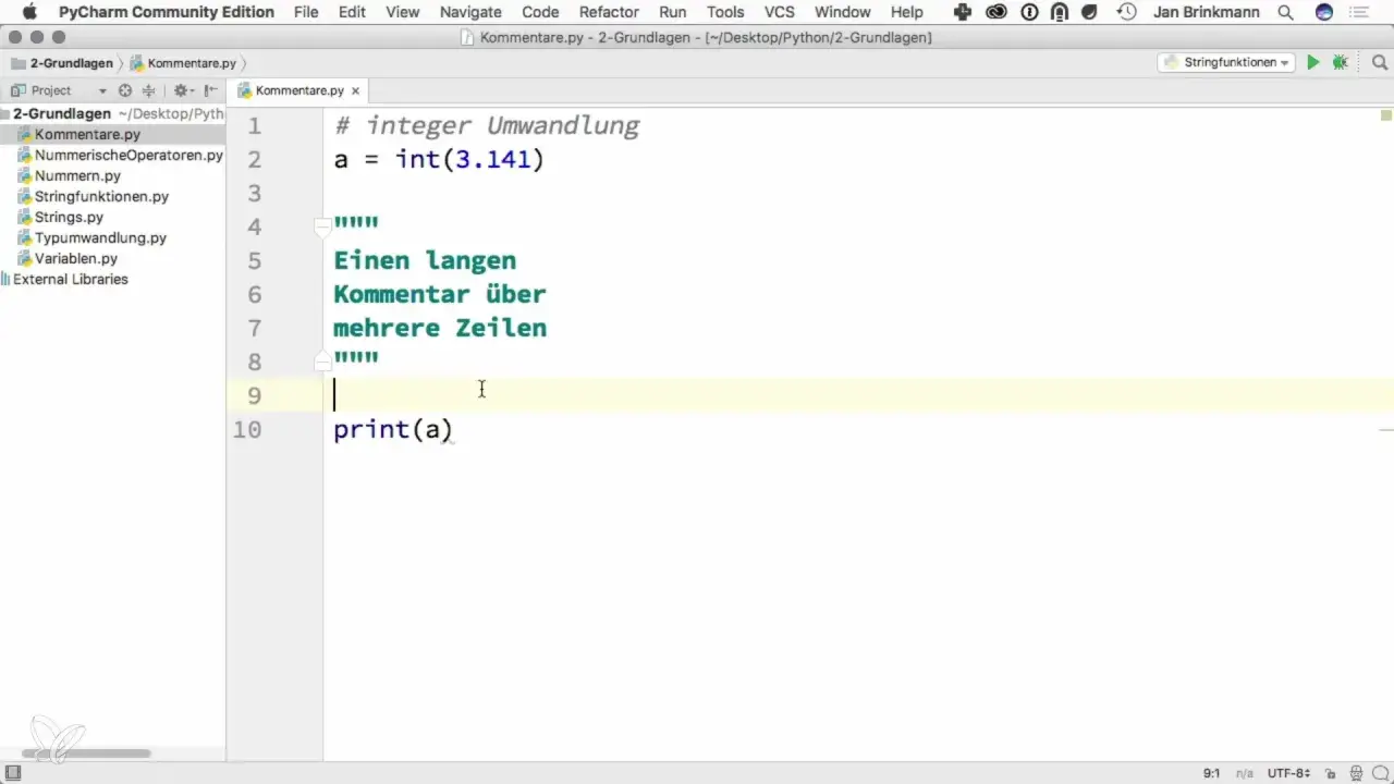 Un éditeur de code montre un script Python avec des commentaires. La ligne 1 contient un commentaire sur la conversion d'entiers. Les lignes 5 à 7 affichent un long commentaire sur plusieurs lignes.