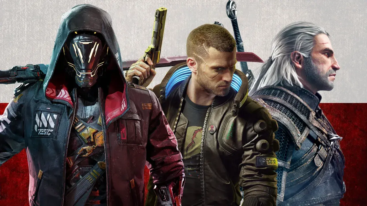 Trzech bohaterów z najlepszych polskich gier: V z Cyberpunk 2077, Geralt z Wiedźmina i postać z nieznanej gry.