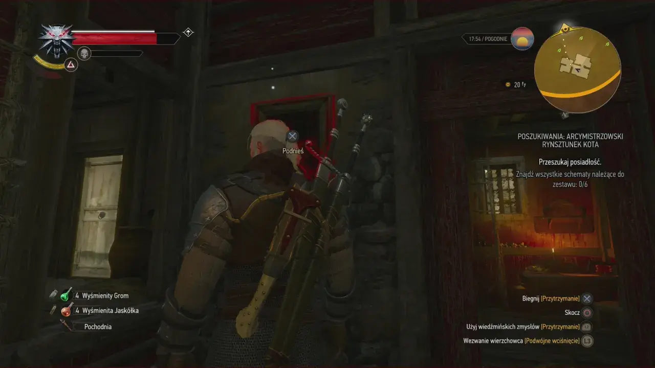 Geralt szuka schematów do arcymistrzowskiego rynsztunku kota w zrujnowanej posiadłości.