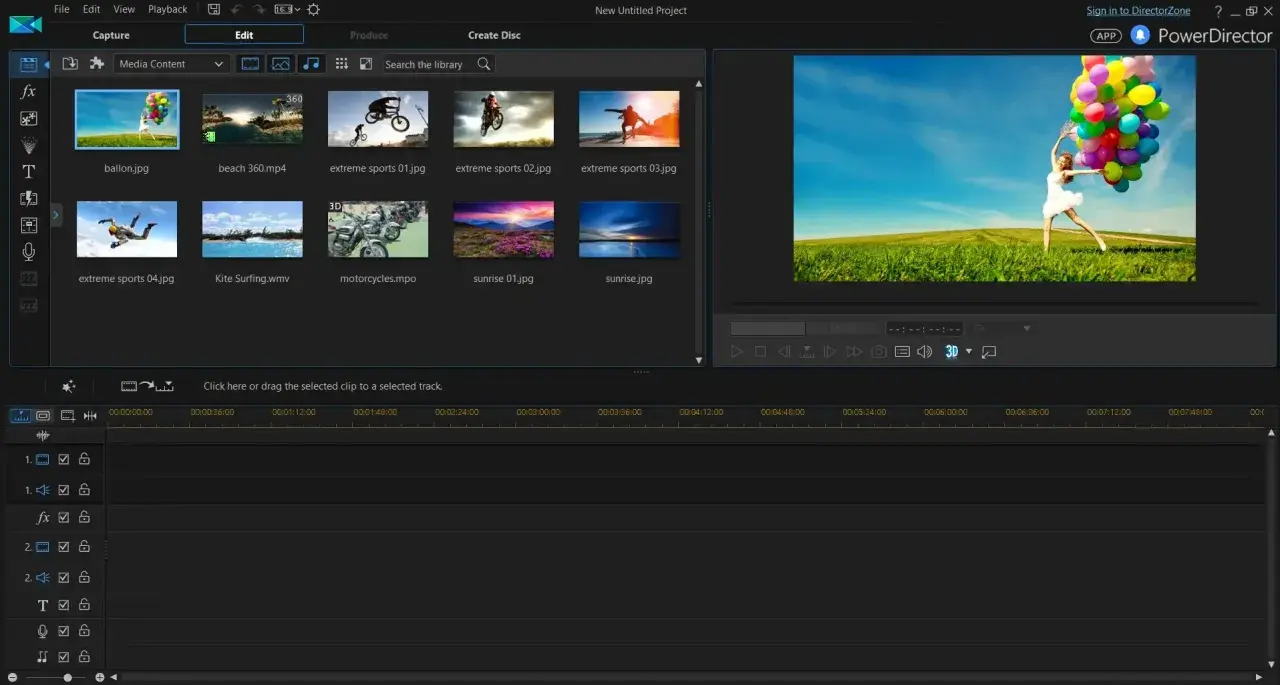 Interfejs programu PowerDirector z widokiem biblioteki multimediów i podglądem wideo. Użytkownik przygotowuje projekt, wybierając klipy.