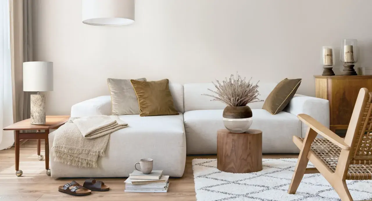 Przytulny salon boho z jasną sofą, drewnianymi meblami i naturalnymi dodatkami.