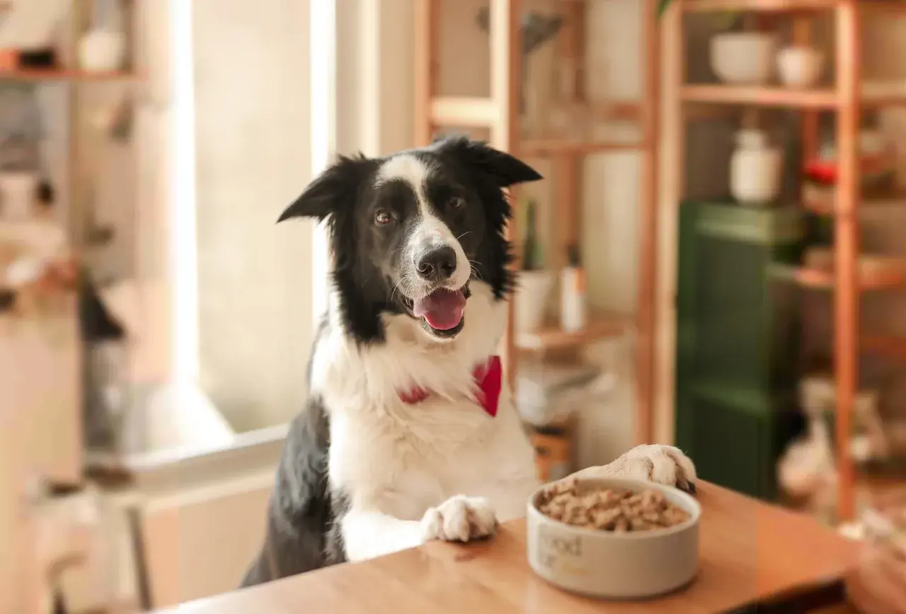 Border collie esperando su comida con ansias. ¡Qué hambre tiene!
