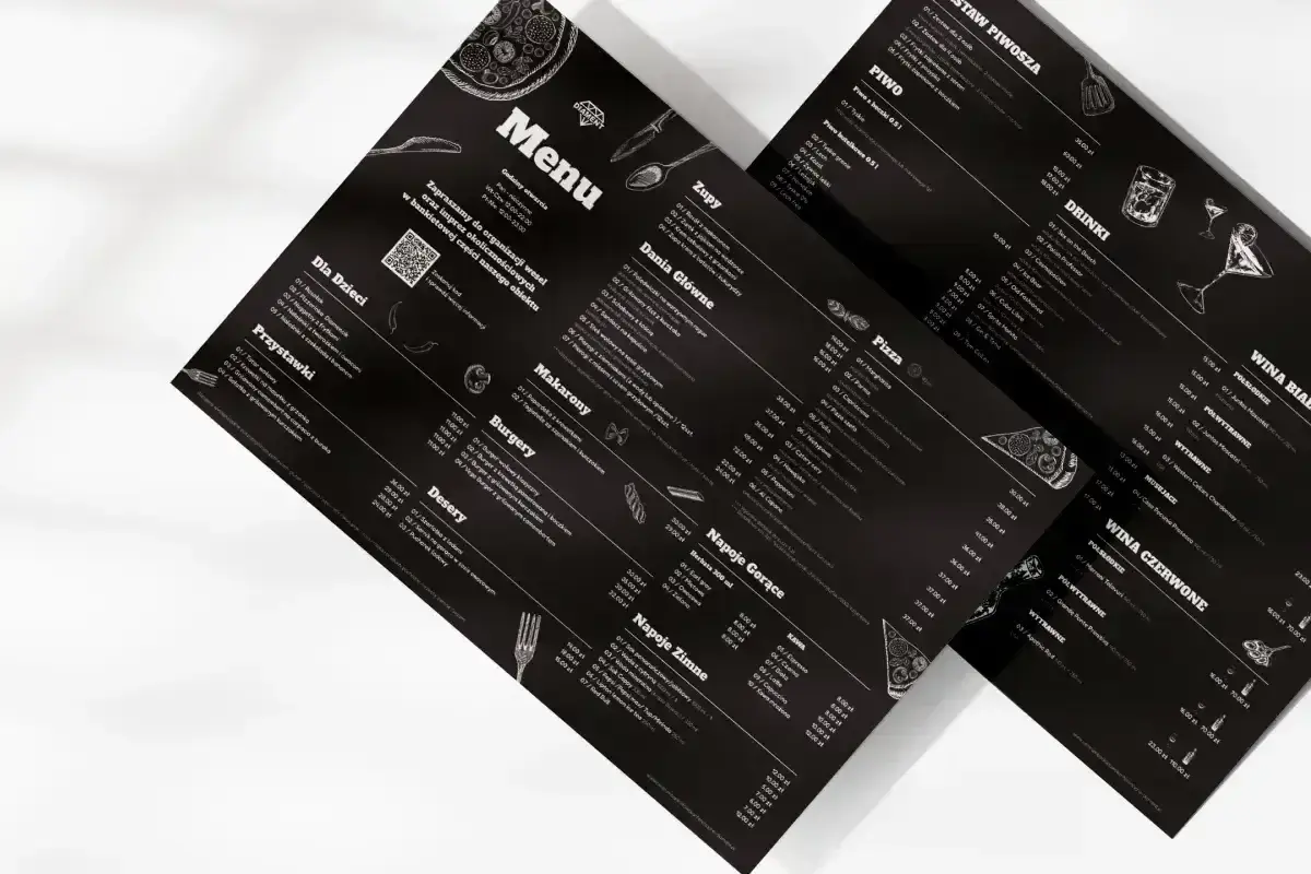 Menu z czarnym tłem, prezentujące ofertę a la carte. Widoczne sekcje: Zupy, Dania Główne, Makaron, Burgery, Desery, Napoje Gorące, Napoje Zimne, Pizza, Piwo, Drink, Wina.