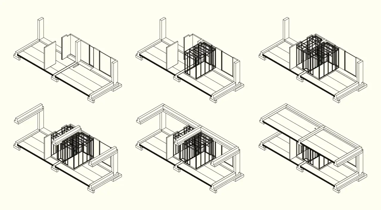 Diagrama de montaje de cabinas de baño prefabricadas, mostrando la estructura y la adición de módulos.