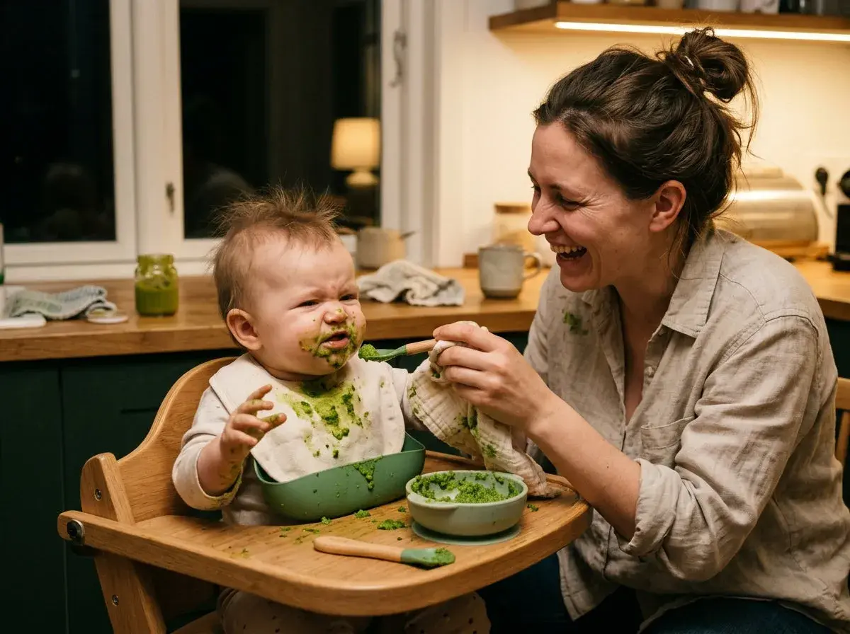 En glad mamma matar en grönfläckig broccoli bebis som ser lite skeptisk ut.