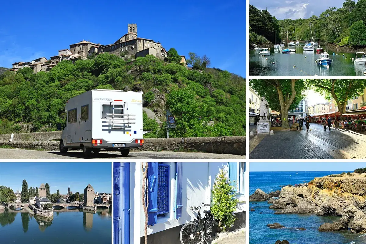 Un camping-car blanc devant un village perché, un port de plaisance, une place animée, Strasbourg et une côte rocheuse. Des images pour les plus beaux circuits camping-car.