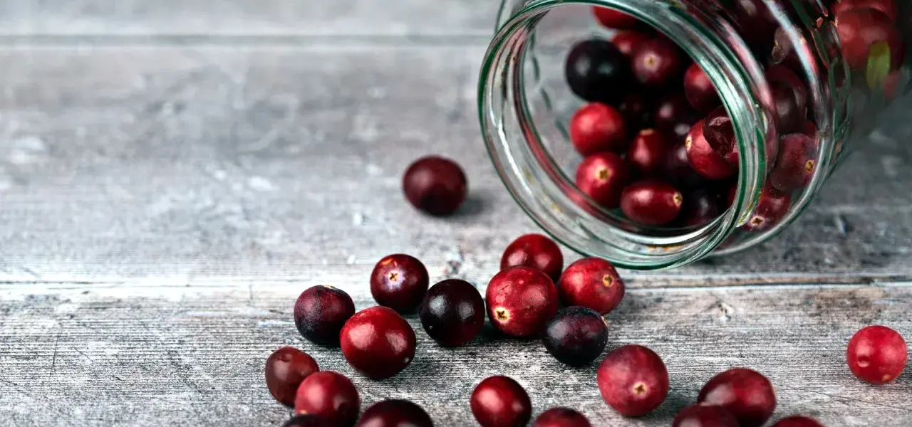 Frische Cranberries, die aus einem Glas rollen. Sie sind eine gesunde Wahl, besonders für Cranberries in der Schwangerschaft.
