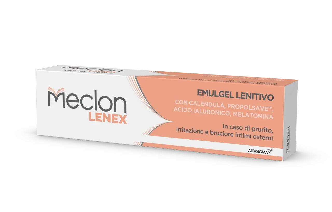 Meclon Lenex Emulgel Lenitivo, per prurito, irritazione e bruciore intimo da stress. Con calendula, propolsave, acido ialuronico e melatonina.