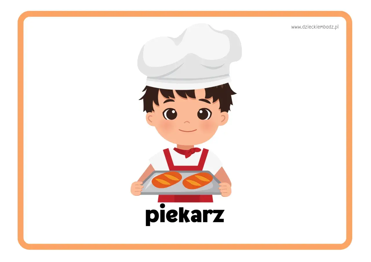 Chłopiec w czepku kucharskim trzyma tacę z dwoma bochenkami chleba. To karta pracy "Od ziarenka do bochenka", przedstawiająca piekarza.