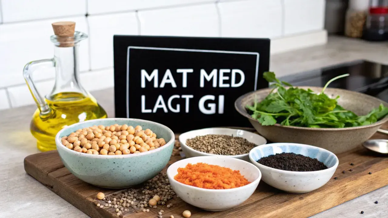 Mat med lågt GI: kikärtor, linser, morotspuré, svarta bönor och grönsaker. Olja i en karaff.