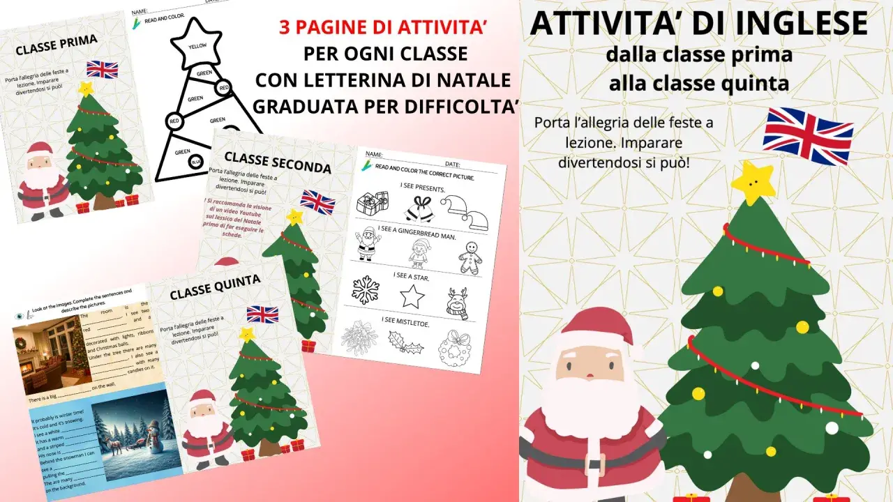 Attività di inglese per ogni classe, dalla prima alla quinta, con schede a tema natale. Imparare divertendosi è possibile!