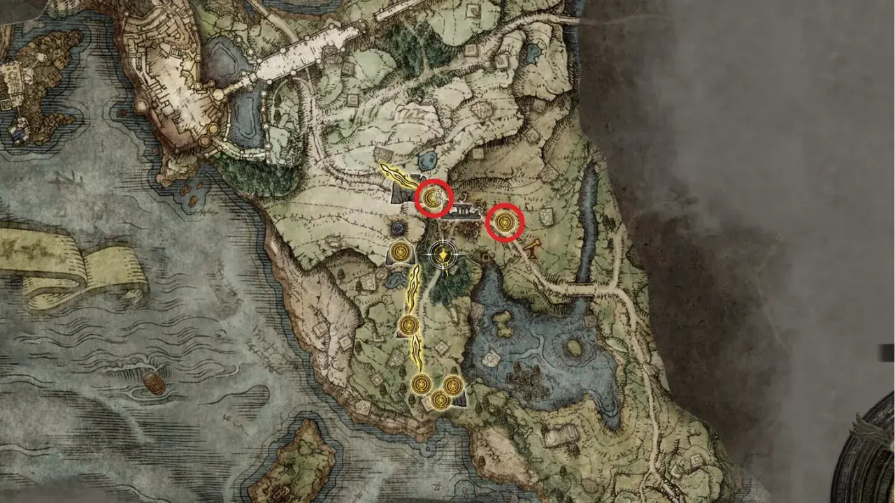 Detailreiche Elden Ring Karte mit markierten Orten, die auf eine Reise durch das Zwischenland hindeuten.