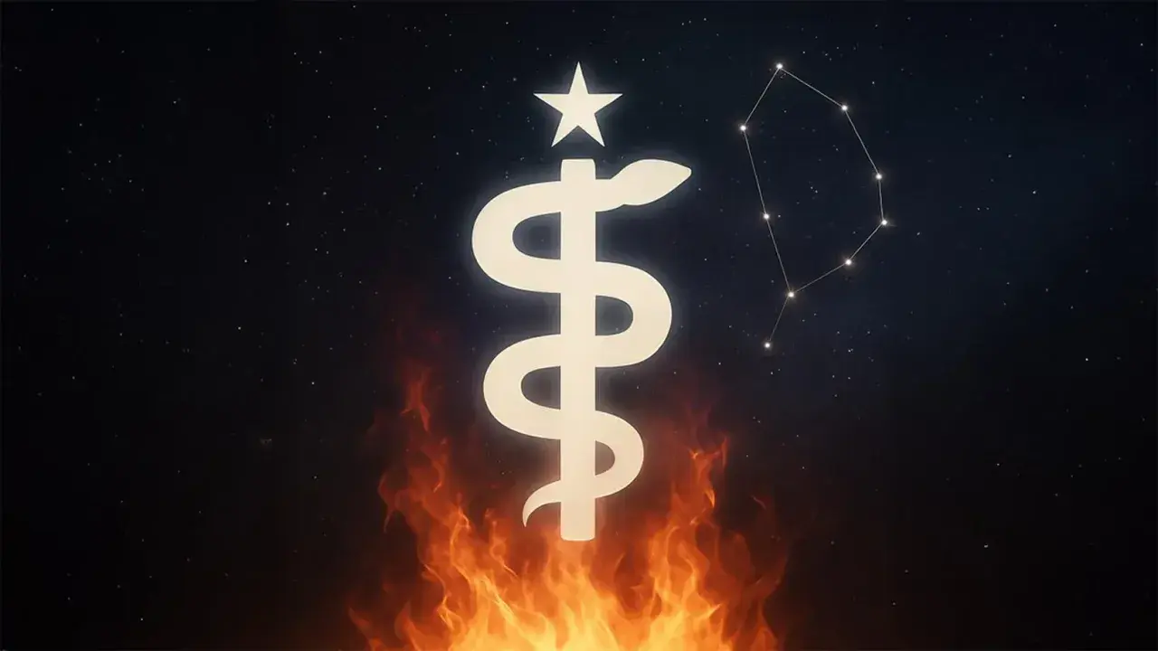 Symbol węża oplatający laskę, zwieńczony gwiazdą, unosi się nad płomieniami. Na nocnym niebie widać konstelację, sugerującą 13 znak zodiaku.