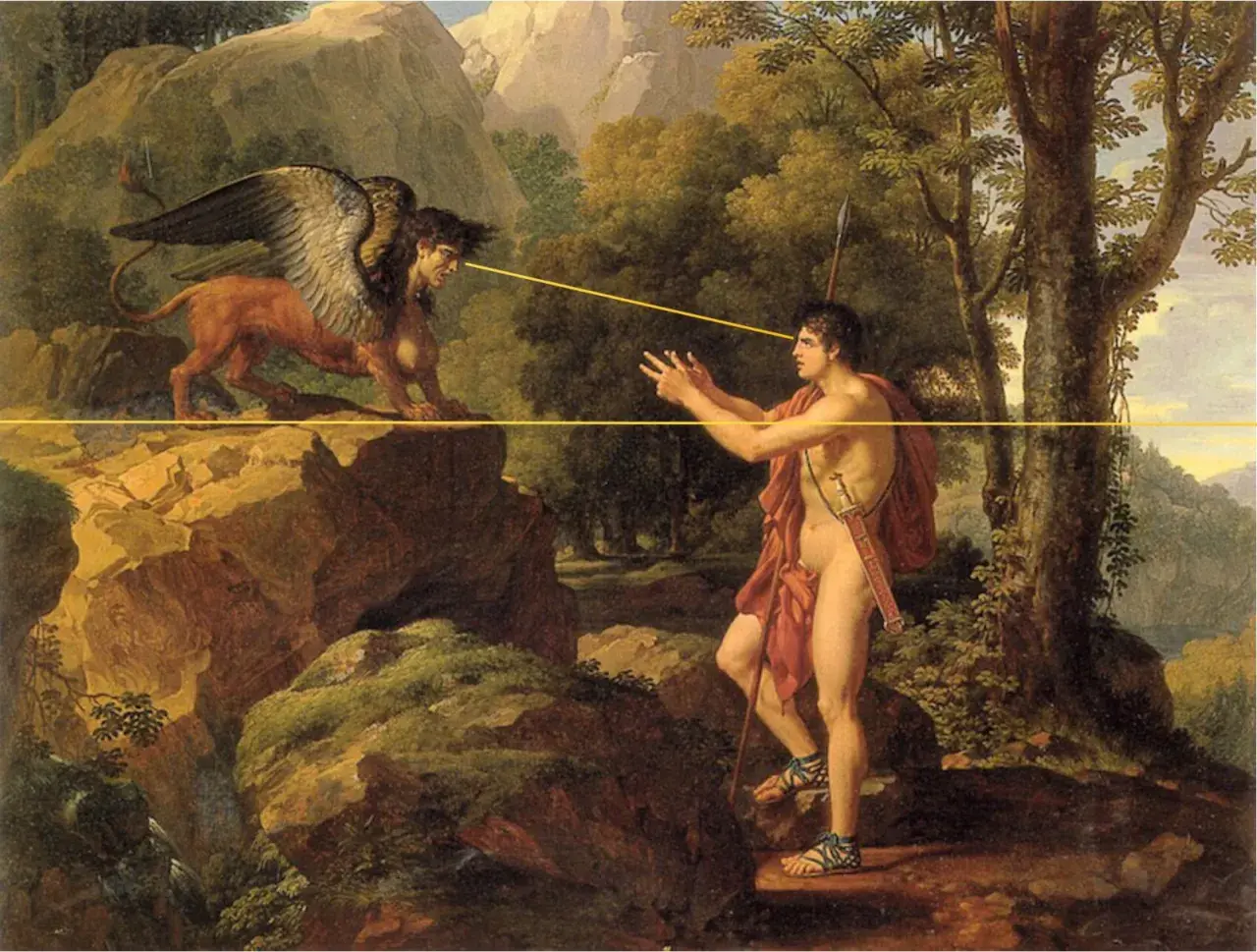 Un homme nu fait face à un sphinx ailé, créature de la mythologie grecque, dans un paysage rocheux et boisé.
