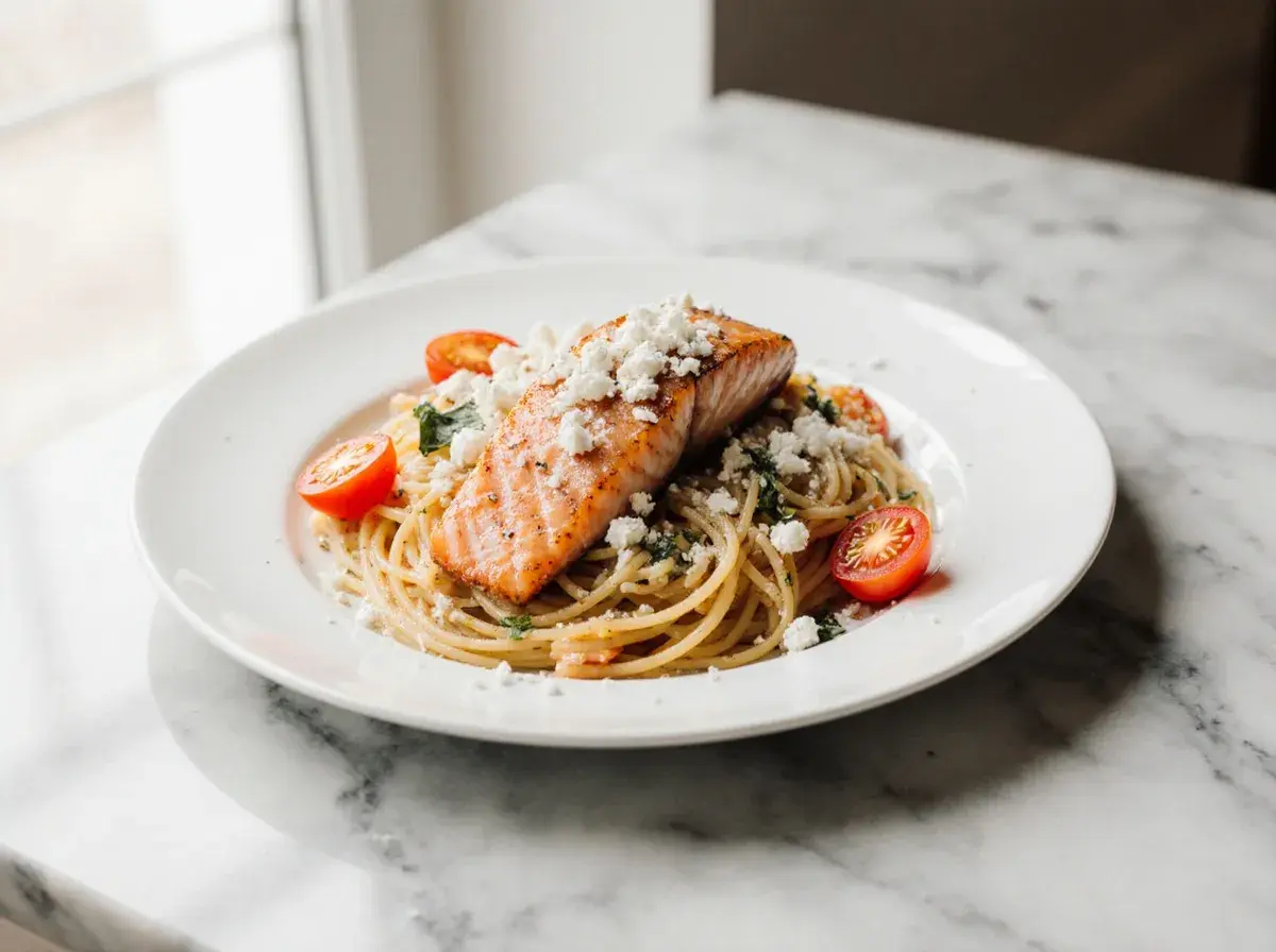 Pyszny łosoś z airfryer na makaronie spaghetti z pomidorkami i fetą.