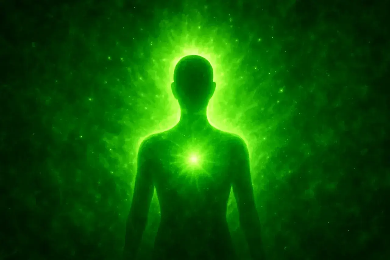 Silueta humana rodeada de energía verde brillante, simbolizando el color verde significado espiritual de sanación y crecimiento.