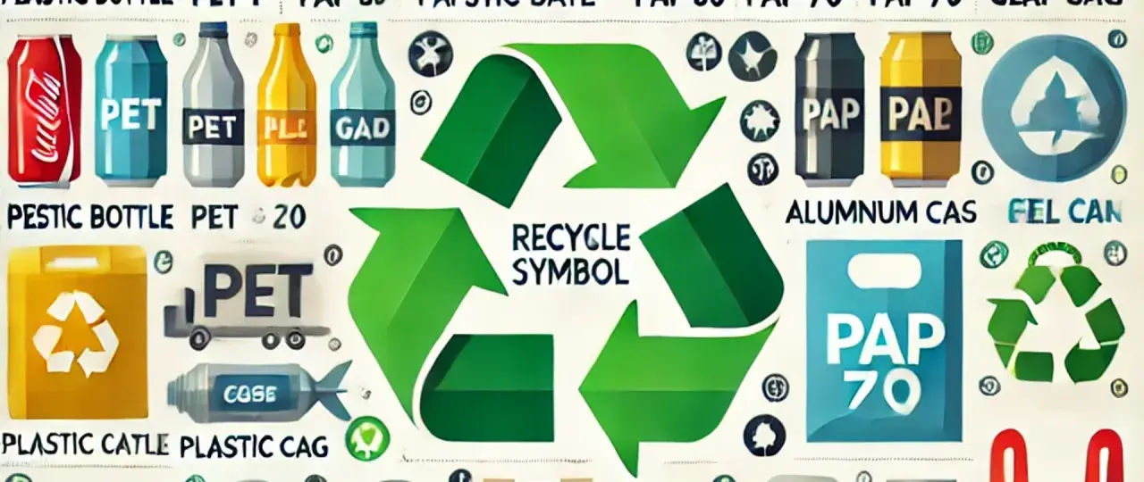 Ilustracja pokazuje znaki recyklingu i ich znaczenie. Widzimy butelki PET, puszki aluminiowe i papierowe, a także symbole recyklingu.