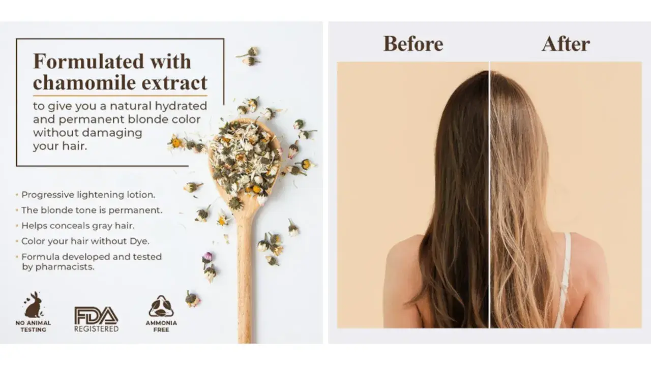 Logra aclarar el pelo de forma natural con extracto de manzanilla. Antes y después de un cabello oscuro a rubio hidratado y permanente.