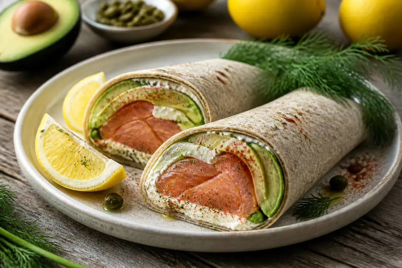 Délicieux wrap saumon avocat garni de fromage frais, citron et aneth. Un délice frais et coloré.