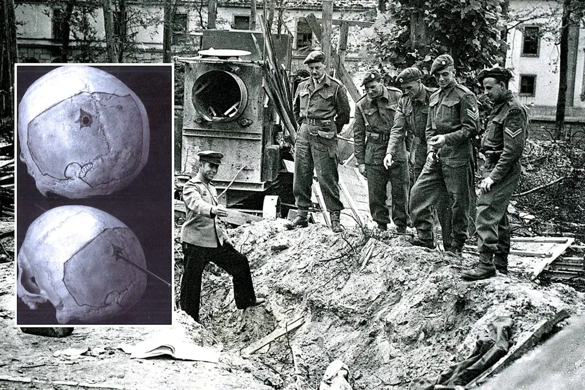 Schädeluntersuchung zur Klärung der adolf hitler todesursache. Britische Soldaten inspizieren eine Ausgrabungsstätte.