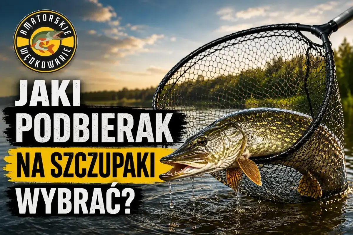 Szczupak w siatce gumowej, gotowy do podebrania. Logo "Amatorskie Wędkowanie" i tekst "Jaki podbierak na szczupaki wybrać?".