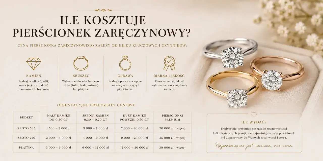 Ile powinien kosztować pierścionek zaręczynowy? Tabela cenowa uwzględnia kamień, kruszec i oprawę, pokazując, że cena zależy od wielu czynników.