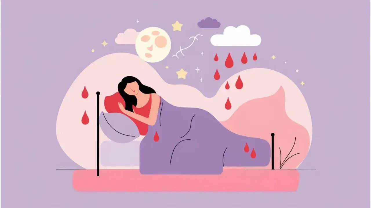 Una mujer duerme plácidamente, pero su sueño se ve interrumpido por gotas rojas que caen como lluvia, evocando la sensación de soñar con sangre de regla.