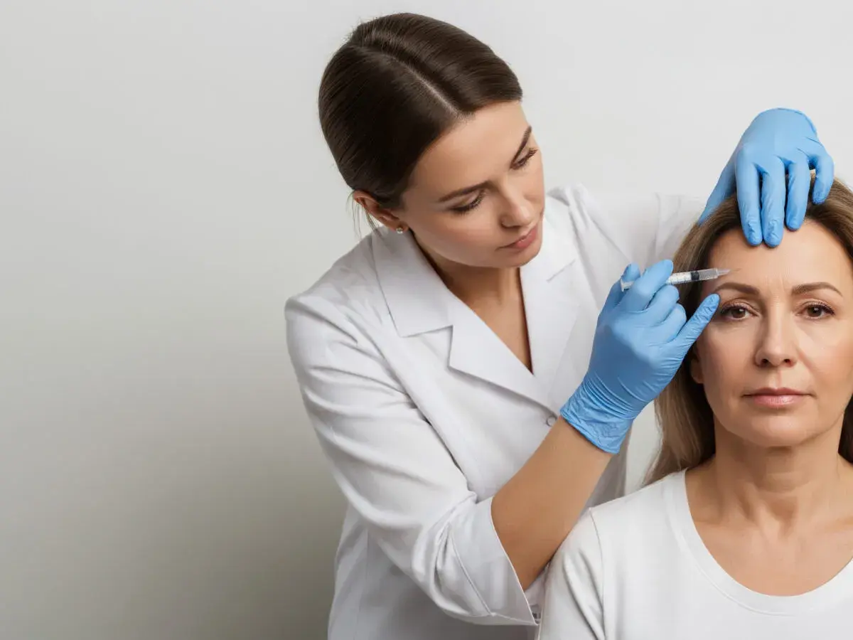 En kvinna får botox i pannan av en sköterska. Kanske för att dölja spåren av för mycket alkohol och sena nätter.