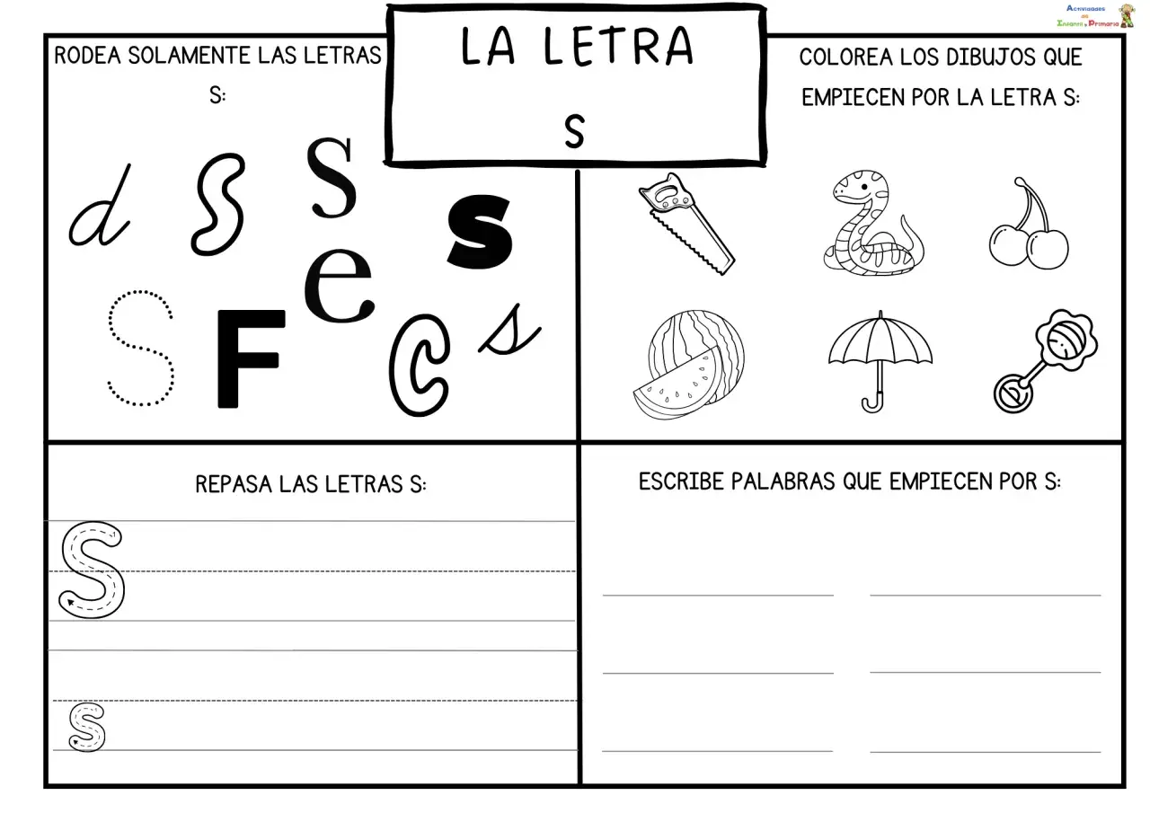 Fichas letra s para imprimir: rodea, colorea y repasa la letra S. Incluye dibujos de serpiente, sandía y paraguas.