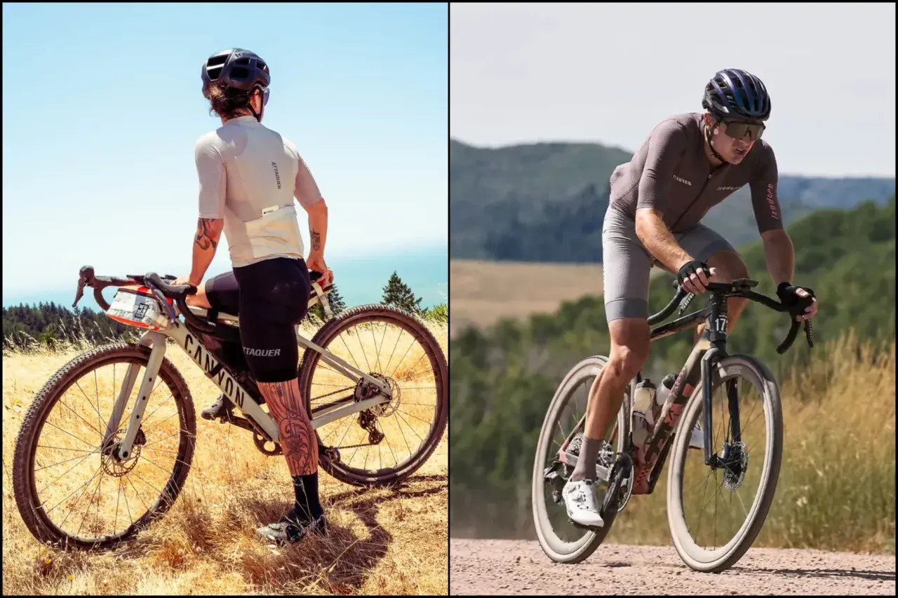 Two cyclists, one on a Canyon Grail, the other on a Canyon Grizl, conquer diverse terrains.