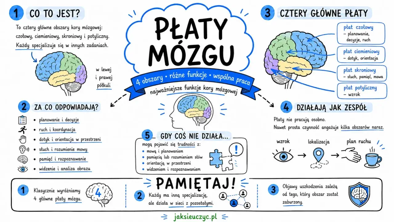Lewa półkula mózgu, podobnie jak prawa, ma swoje specjalizacje. W tej infografice poznasz funkcje płatów mózgu.