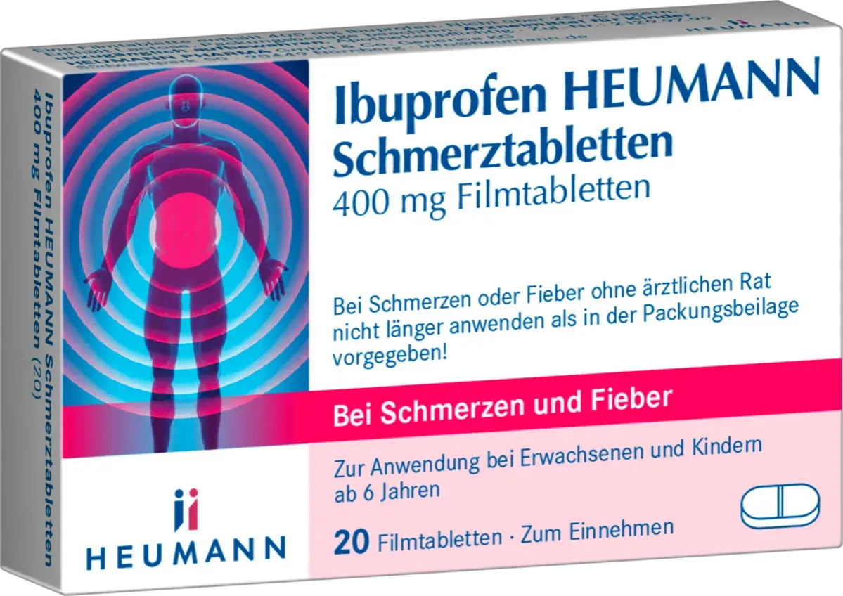 Ibuprofen HEUMANN Schmerztabletten 400 mg. Für Schmerzen und Fieber bei Erwachsenen und Kindern ab 6 Jahren. Stillzeit beachten.