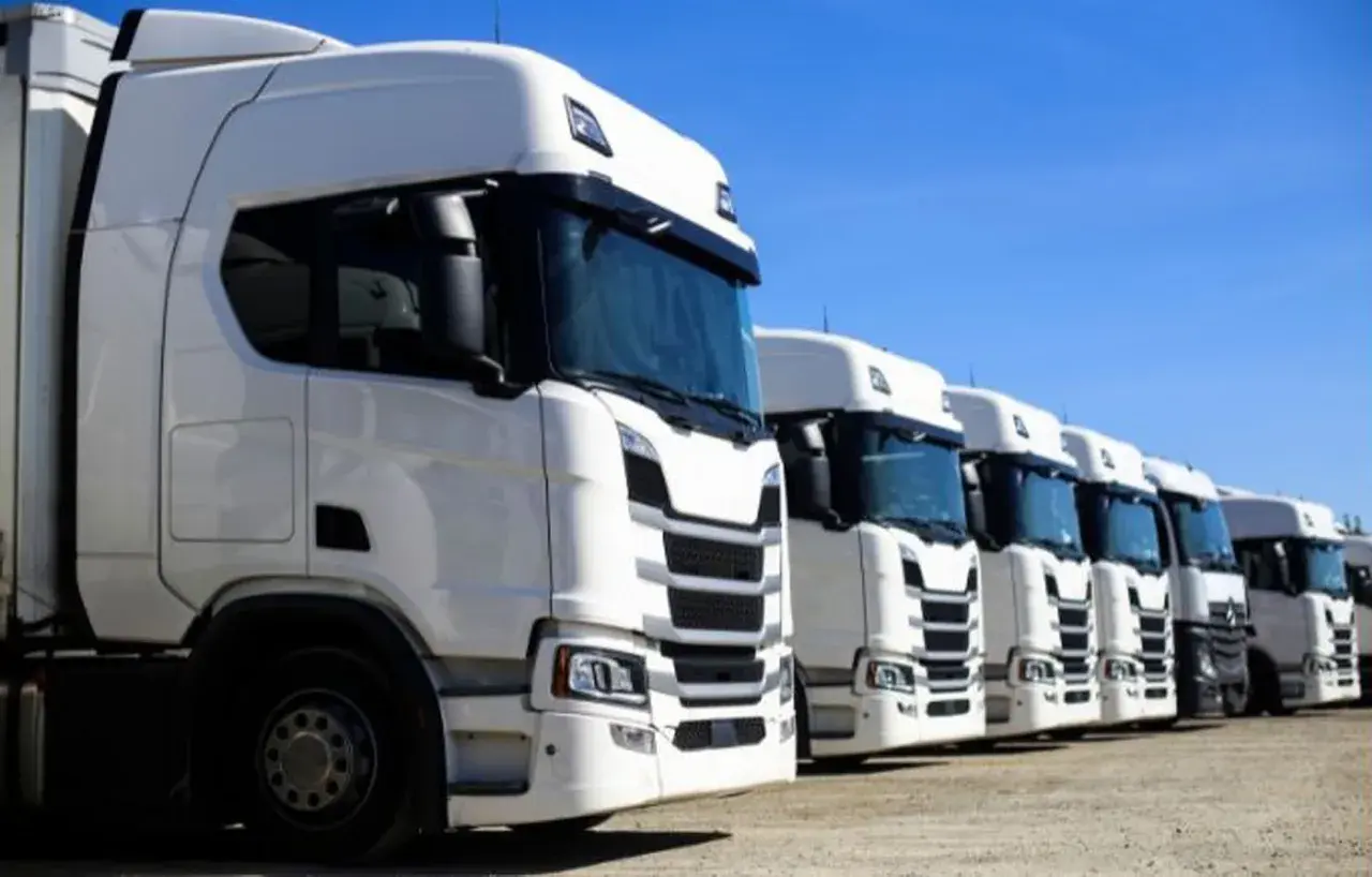 Białe ciężarówki stojące w rzędzie pod błękitnym niebem. Idealny widok dla tych, którzy zastanawiają się, jak założyć firmę transportową.