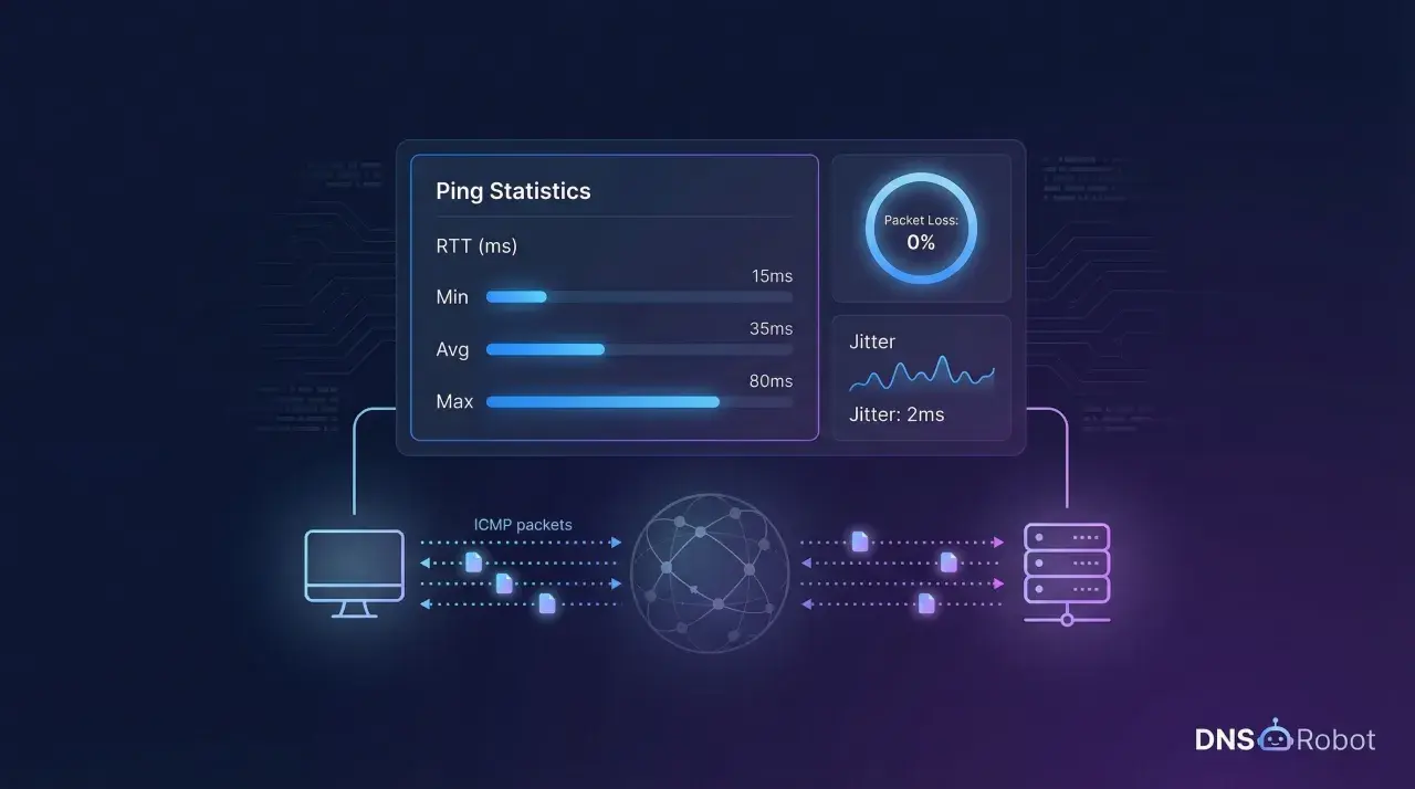 Wykres pokazuje, jak sprawdzić stabilność internetu: statystyki ping, utratę pakietów 0% i jitter 2ms.