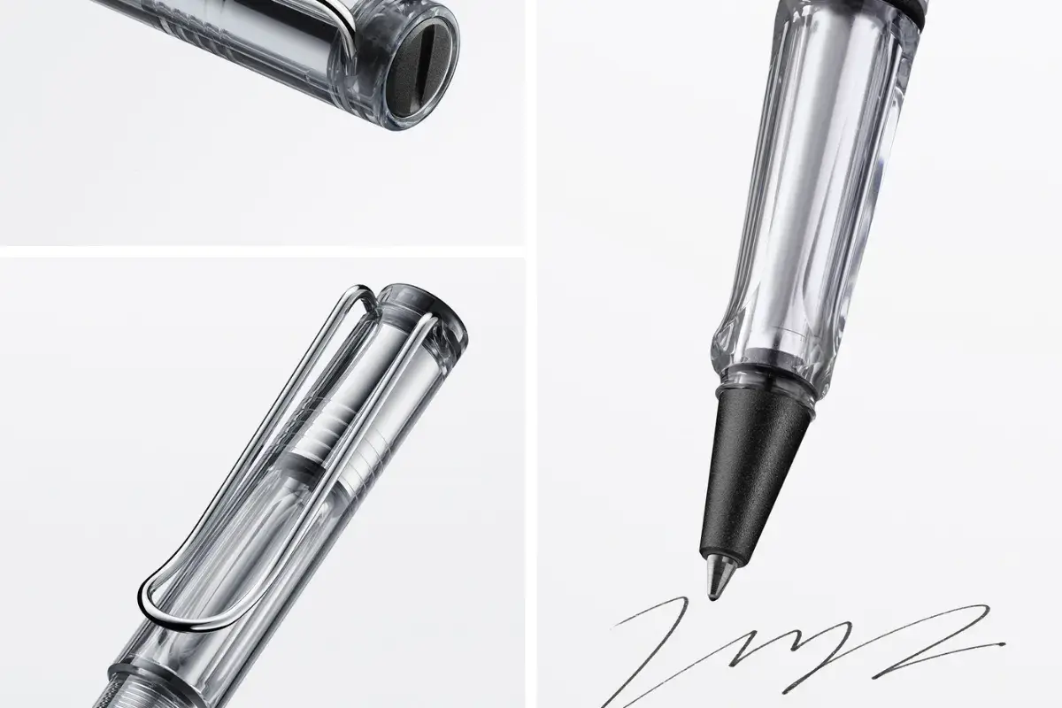 Detalles de un bolígrafo transparente escribiendo, ideal para quien busca como mejorar la letra con estilo.