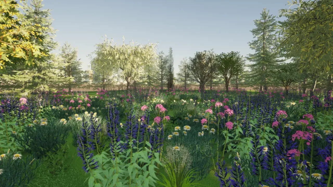 Un rigoglioso prato di fiori selvatici, con campanule viola, margherite bianche e fiori rosa, circondato da alberi verdi e un cielo azzurro.